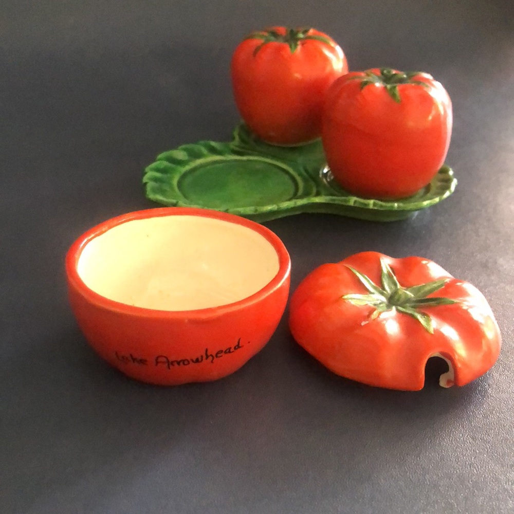 Vintage Maruhon Ware Tomato Condiment Set on Leaf Plate -Occupied Japan-Rare - Picture 5 of 7